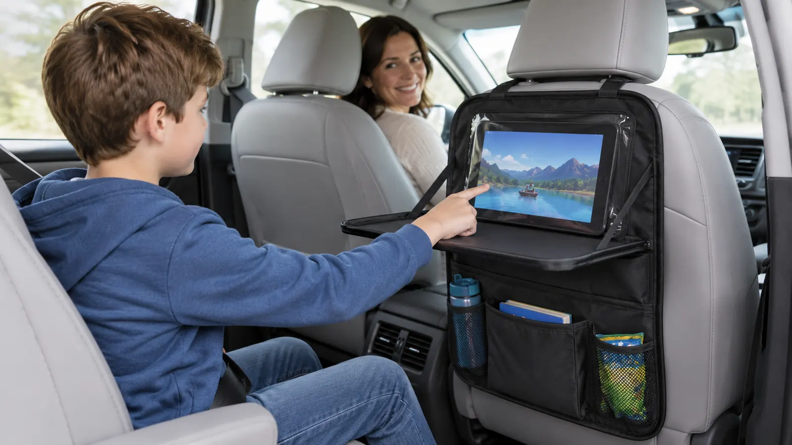 A backseat organizer hanging behind a front seat with a fold-down tray open and a tablet in the clear pocket