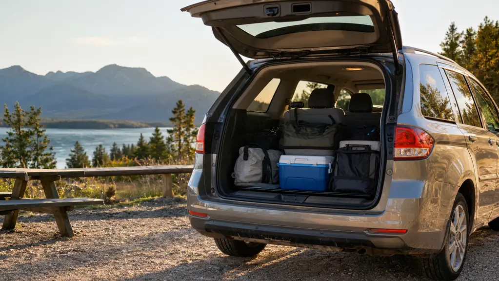 A family minivan parked at a rest stop with the back door open and organized bags inside