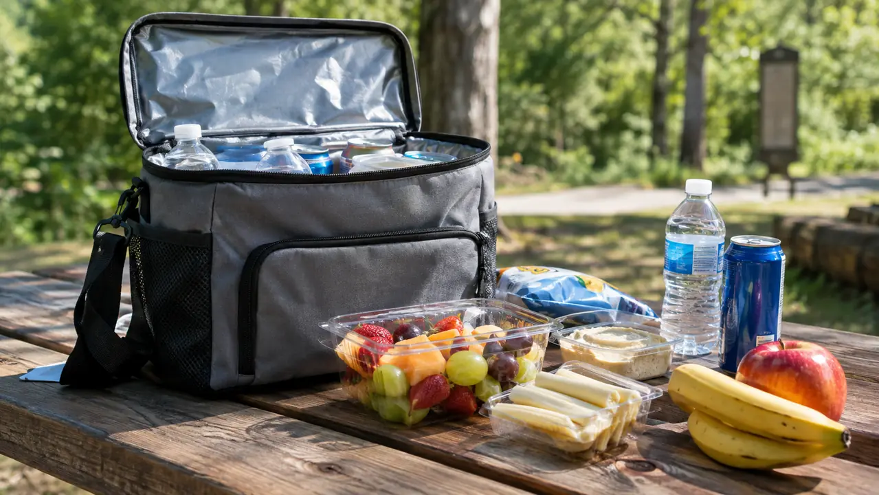 A soft cooler bag on a picnic table next to a plate of fruit and cheese sticks