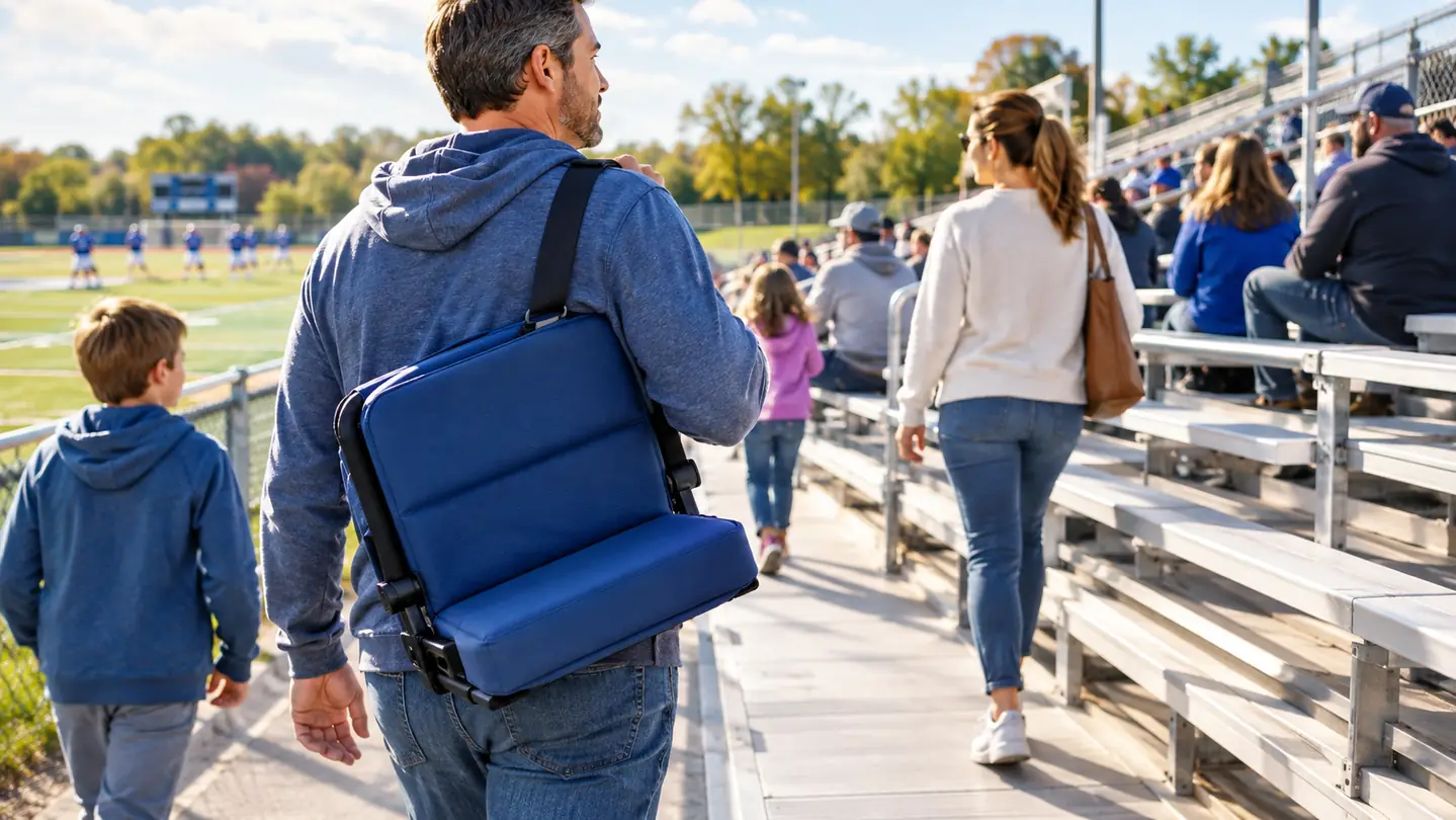 A hand carrying a folded stadium seat by its shoulder strap over a shoulder, walking toward bleachers