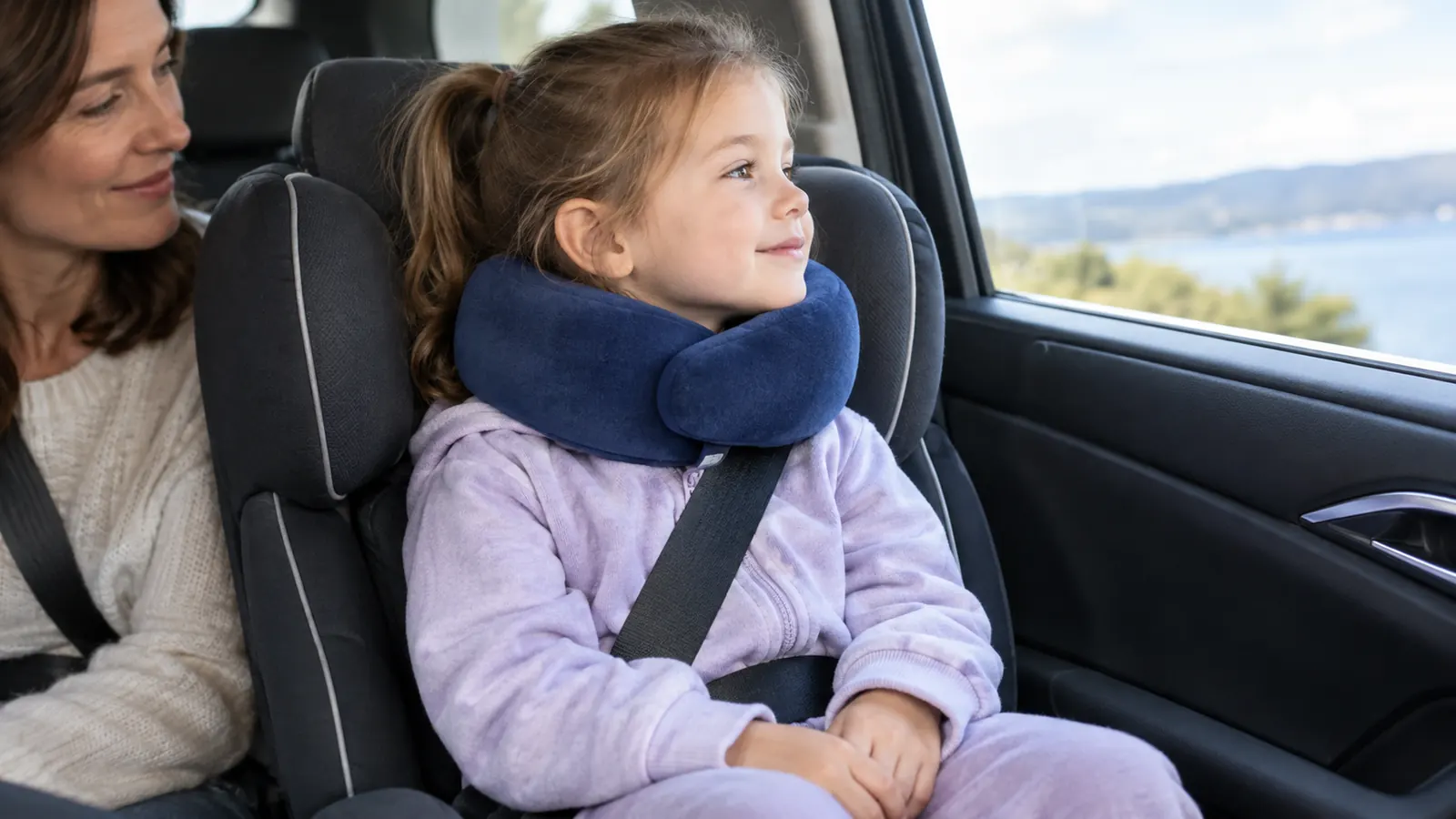 A child wearing a wrap-around travel pillow with chin support, sitting in a car seat and looking out the window
