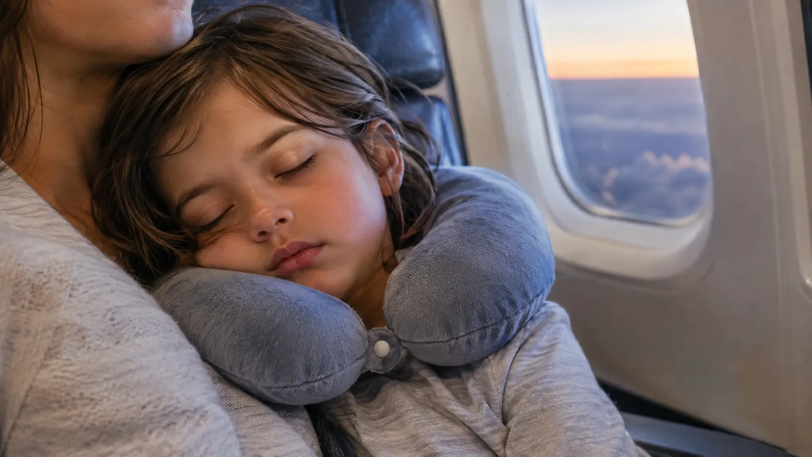 A child sleeping on a parent's shoulder on an airplane with a travel pillow supporting the neck