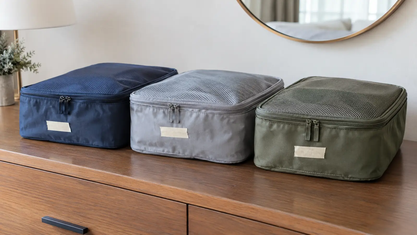 Three zippered packing cubes lined up on a hotel dresser, each with a small label