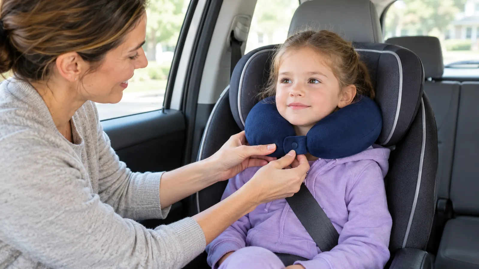 A parent's hands adjusting a travel pillow around a child's neck before a car ride