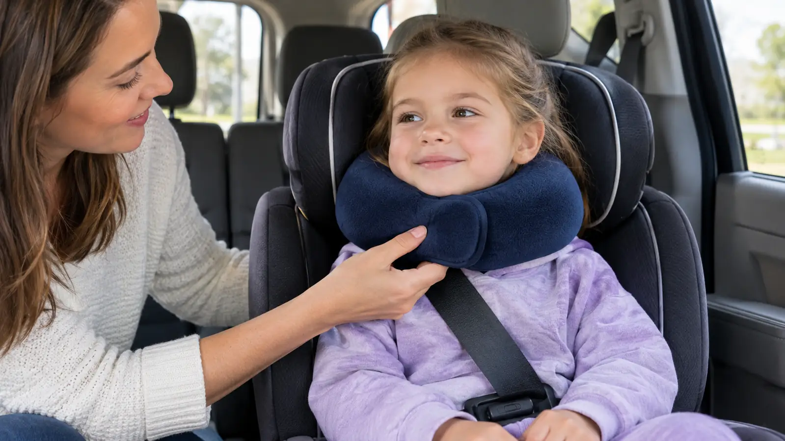 A child wearing a soft travel pillow around the neck while sitting in a car seat, chin resting on the front support, parent's hand adjusting the strap