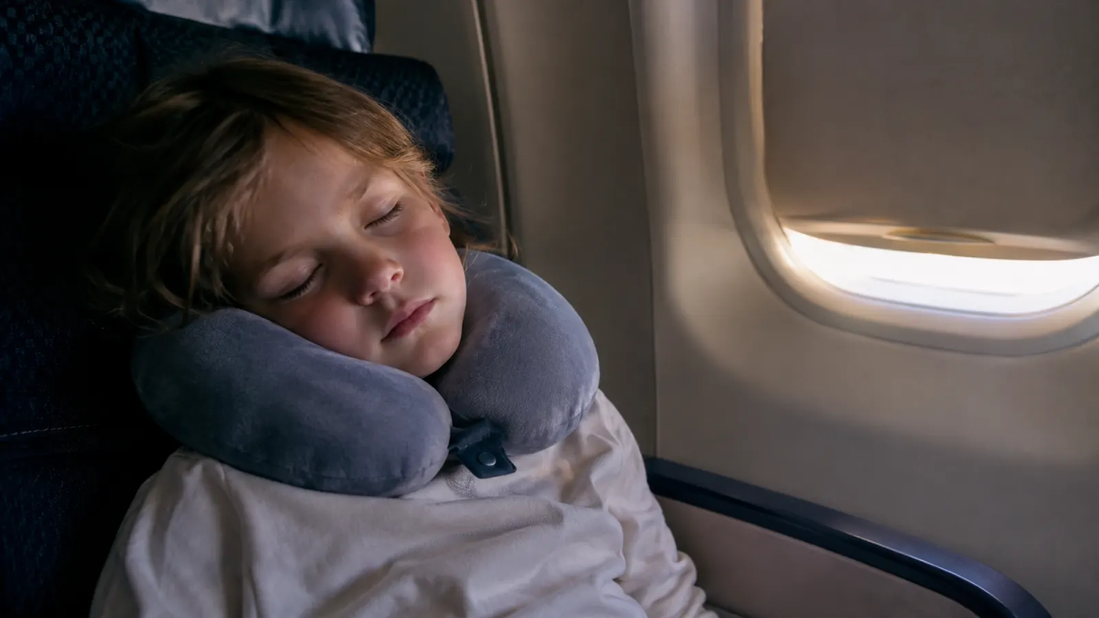 A child asleep on an airplane with a soft travel pillow around the neck, head tilted to the side and supported, seatbelt visible, calm cabin lighting