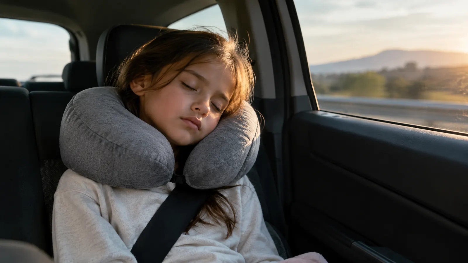 A child asleep in the back seat of a minivan on a long drive, travel pillow supporting the head, highway visible through the window