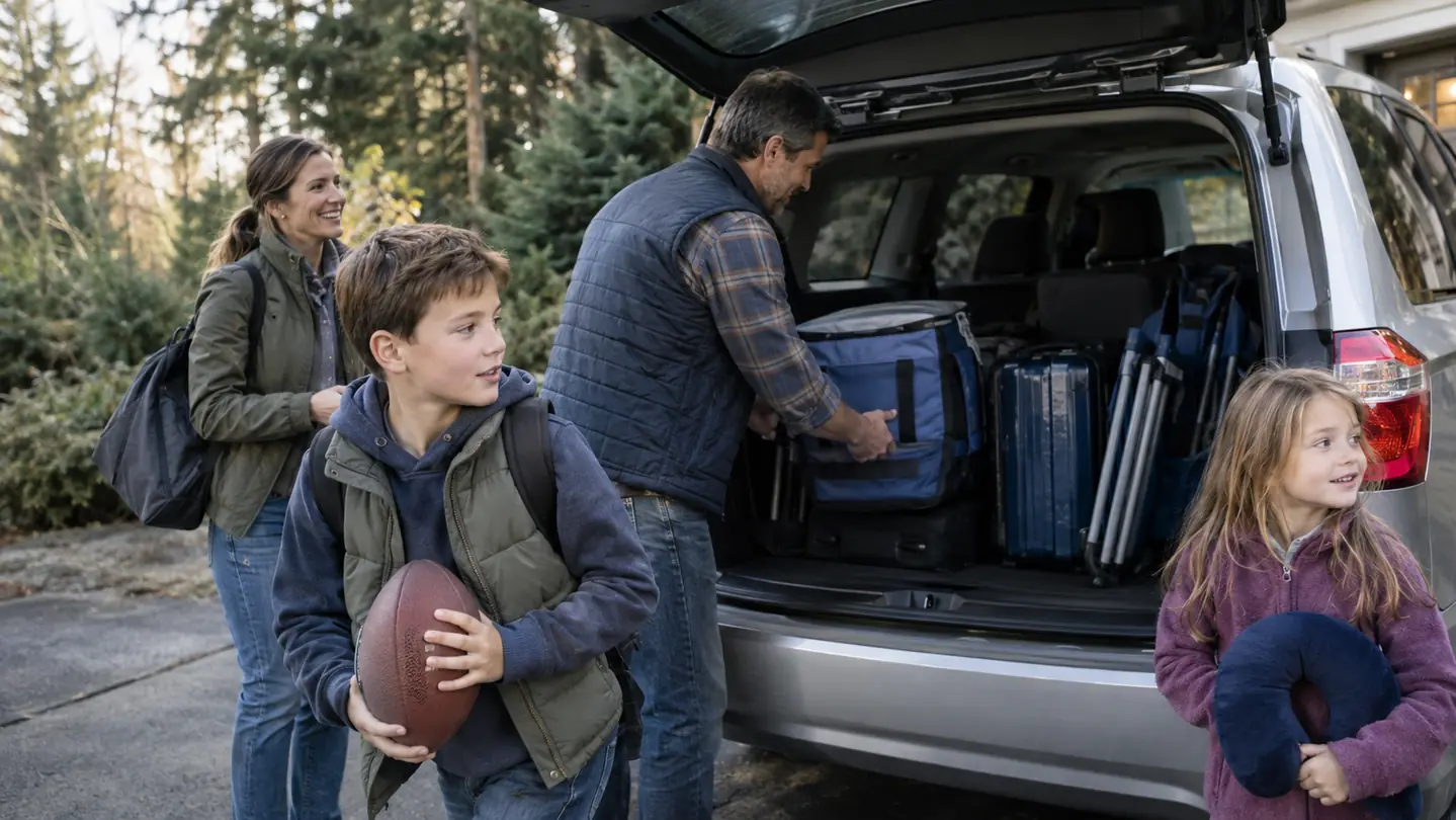 A family loading a minivan for a road trip, with a cooler bag, packed suitcases and kids climbing into the back seats