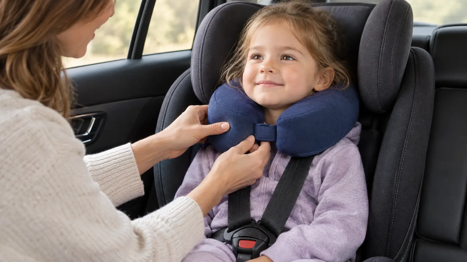 A parent adjusting a travel pillow around a child's neck in a car seat before a drive