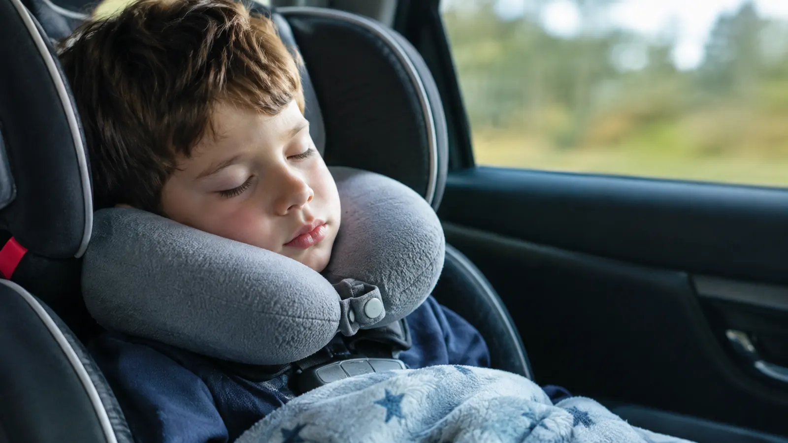 A child sleeping in a car seat with a travel pillow supporting the chin, blanket over the lap