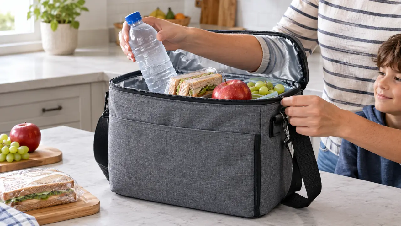 A hand placing a frozen water bottle into a soft-sided cooler bag next to wrapped sandwiches and fruit
