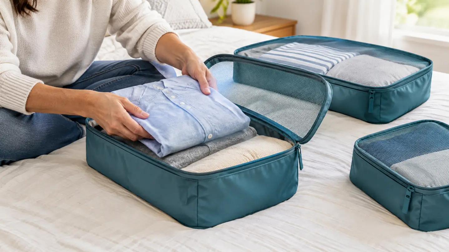 A hand placing a folded shirt into an open packing cube on top of a bed