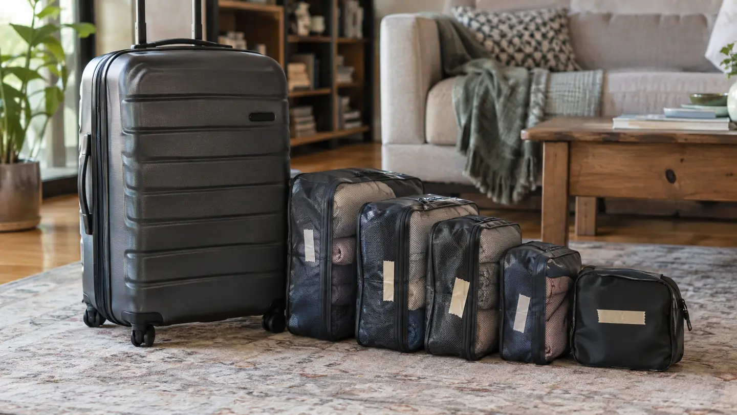 A large suitcase on a living room floor with labeled packing cubes for each family member lined up beside it