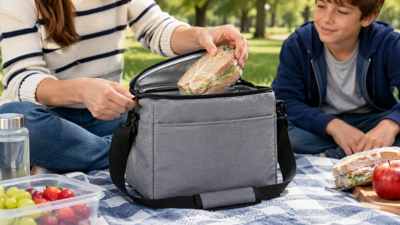 A hand unzipping a soft-sided cooler bag to pull out a wrapped sandwich