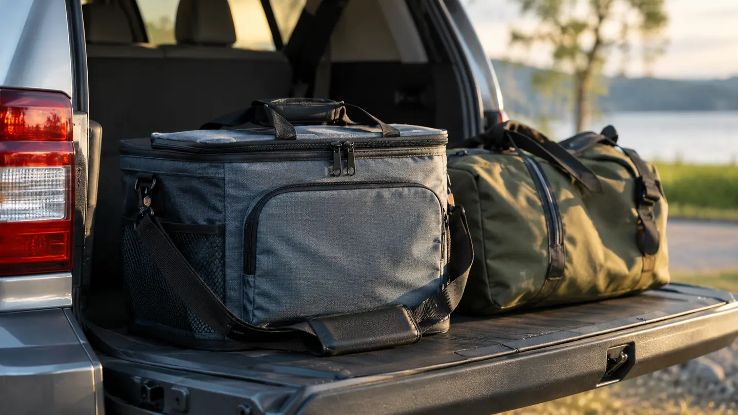 A soft-sided cooler bag with a shoulder strap sitting on a minivan tailgate beside a duffel bag