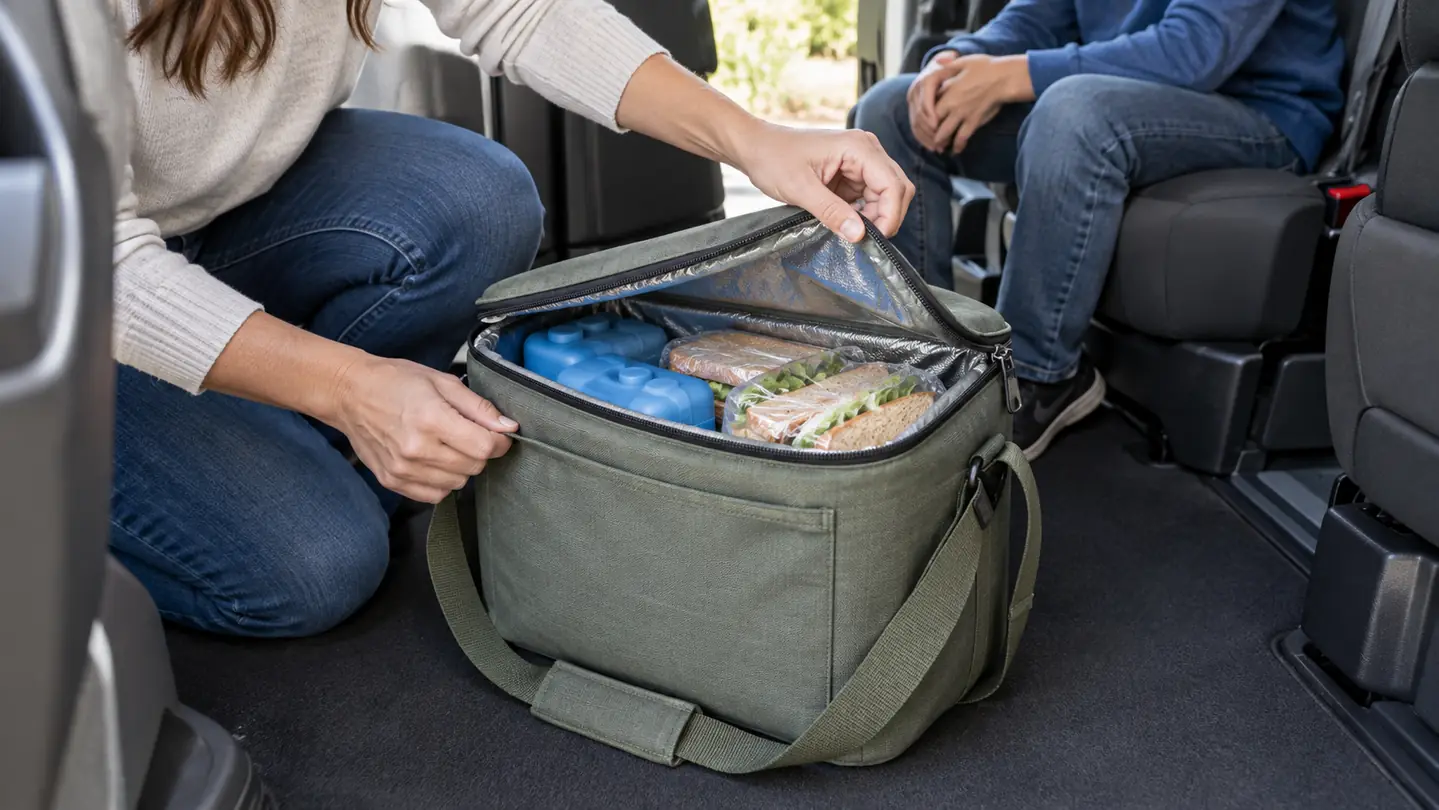 A hand zipping open a large soft-sided cooler bag on a minivan floor, with reusable ice packs and wrapped sandwiches visible inside