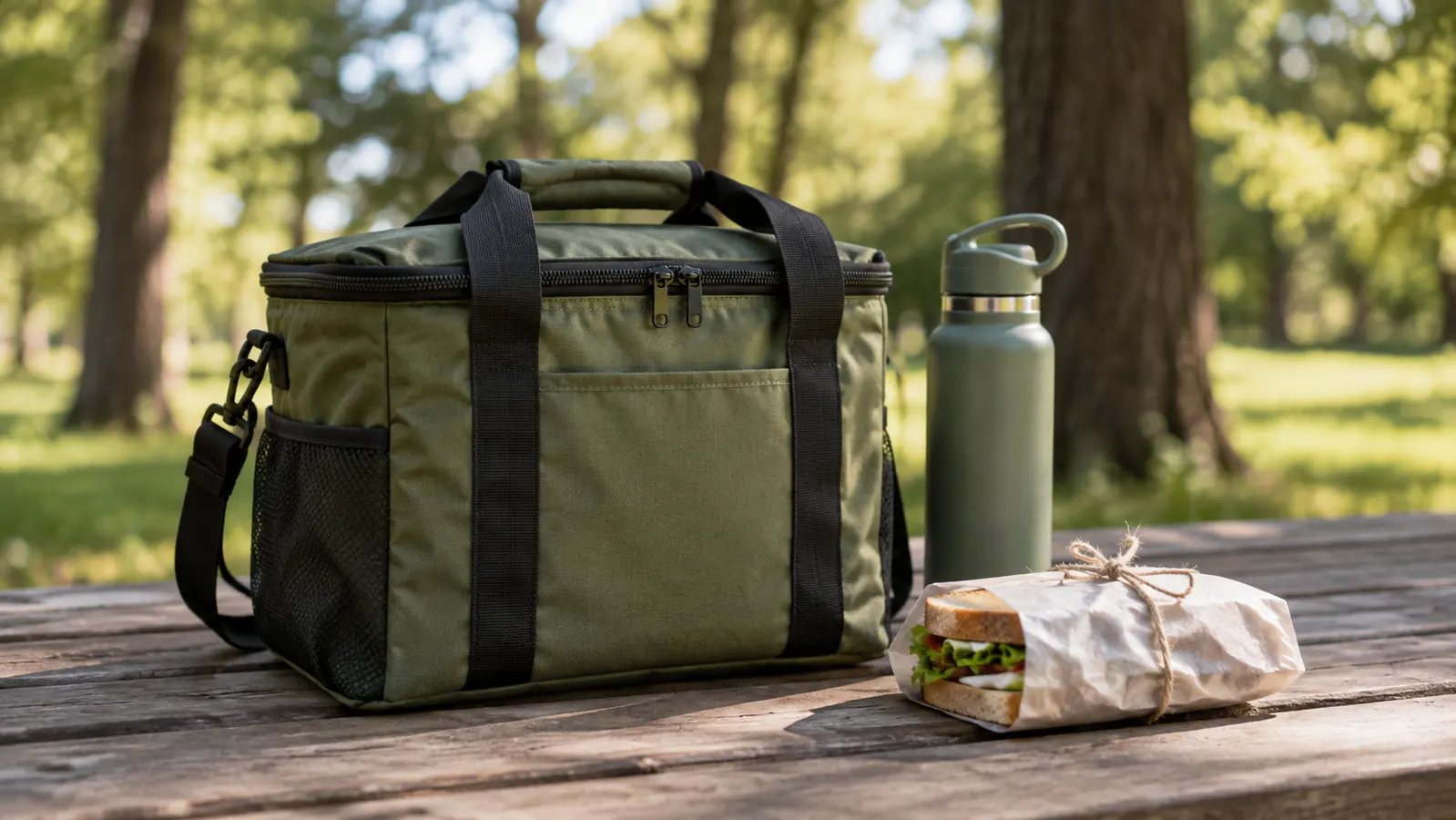 A soft-sided cooler bag on a picnic table with a water bottle and a sandwich beside it, trees in the background