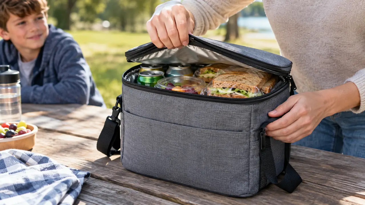 A hand zipping open a soft-sided cooler bag on a picnic table to show packed sandwiches and drinks inside