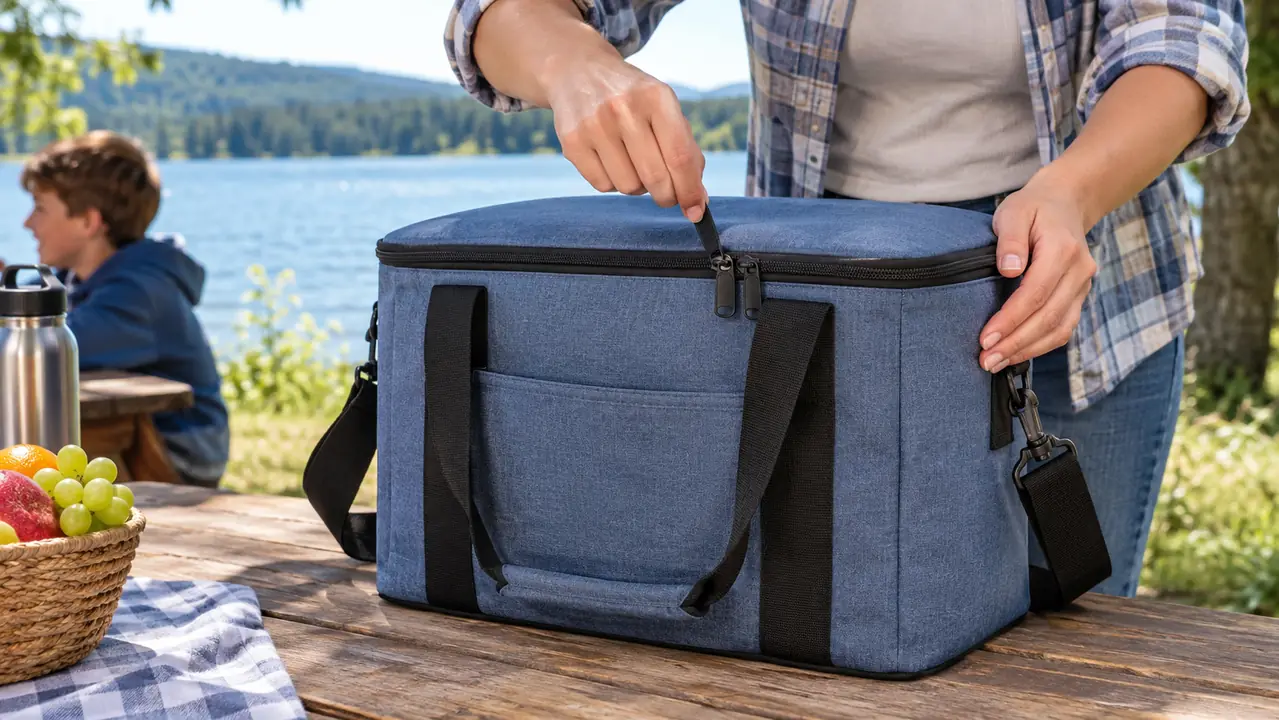 A hand zipping a soft-sided cooler bag closed on a picnic table with a lake in the background