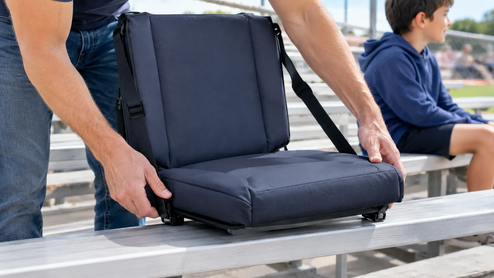 A hand clipping a padded folding stadium seat onto a metal bleacher bench