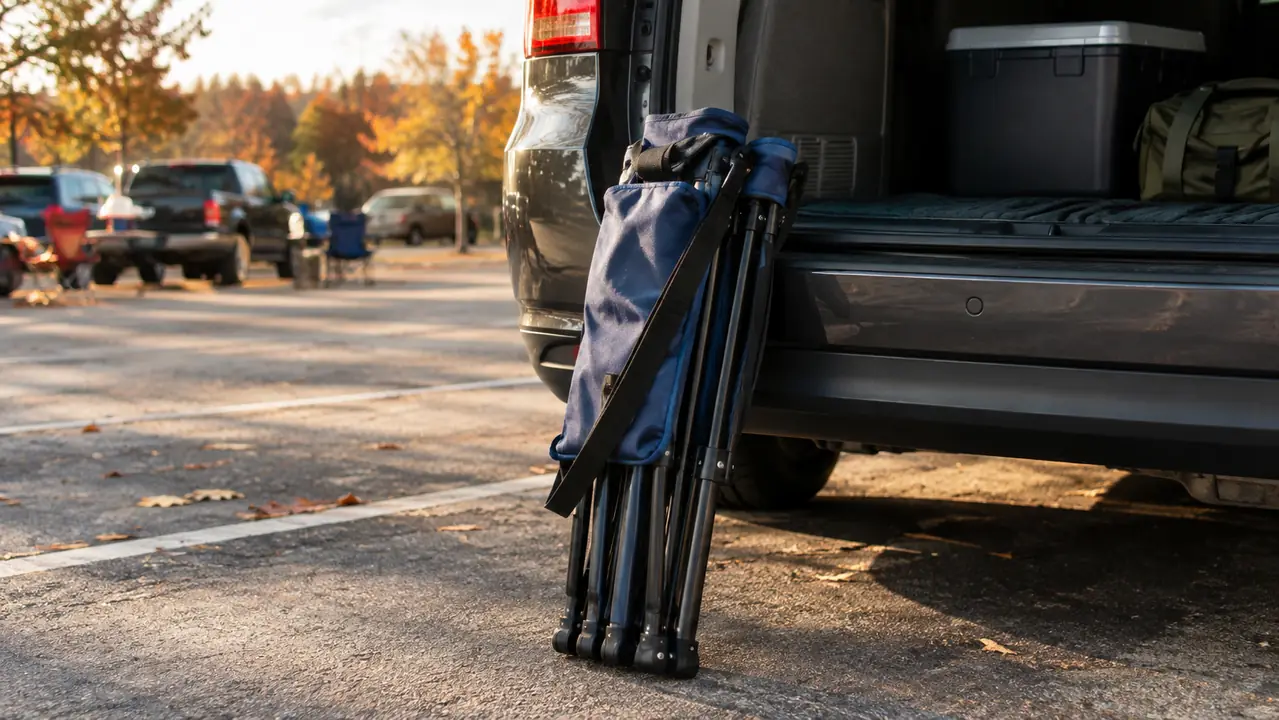 A folded stadium seat with a shoulder strap leaning against a minivan tailgate at a tailgate lot