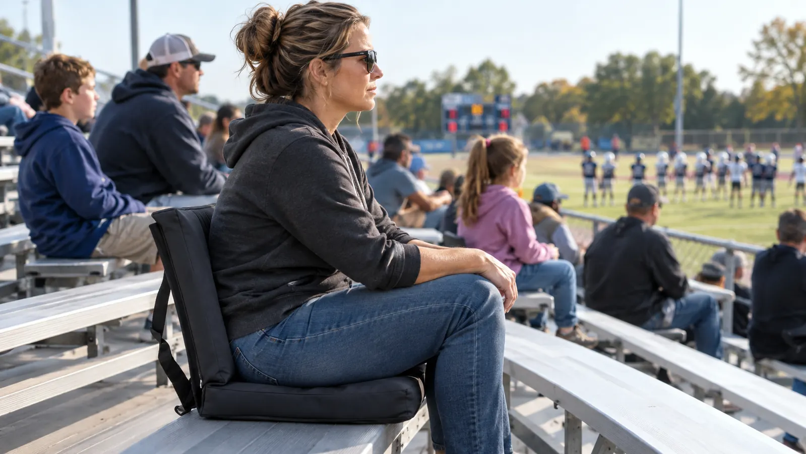Parent sitting on a folding stadium seat with back support on metal bleachers at a youth football game