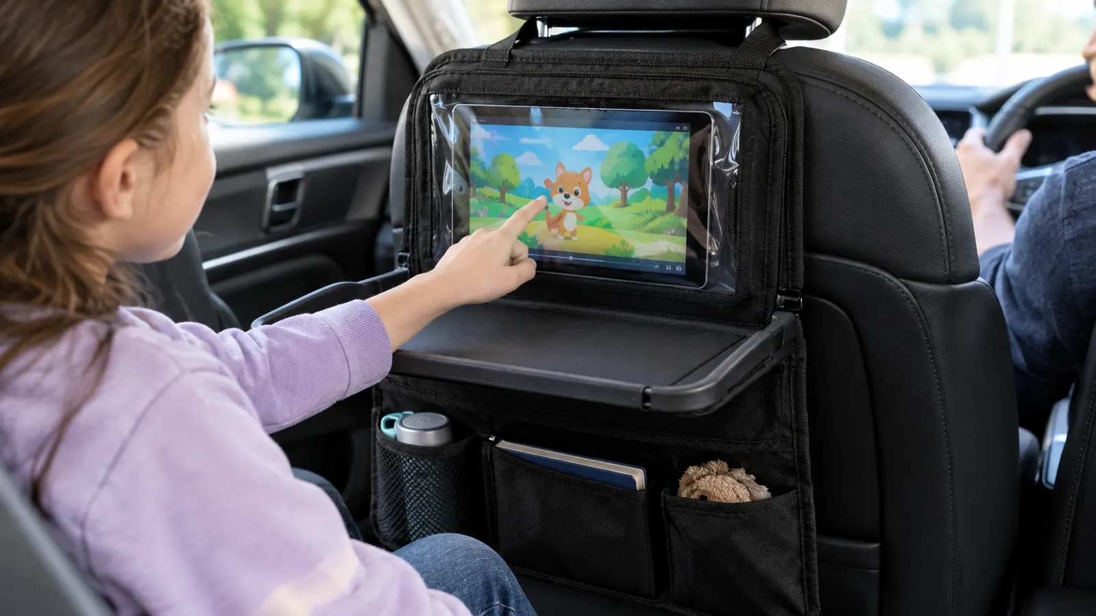 A child's hand reaching for a tablet in the clear touchable pocket of a backseat organizer while the tray is folded down