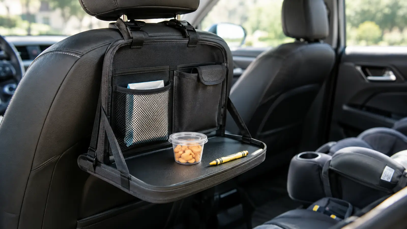A backseat organizer hanging behind a front seat with the tray folded down and a small snack cup resting on it