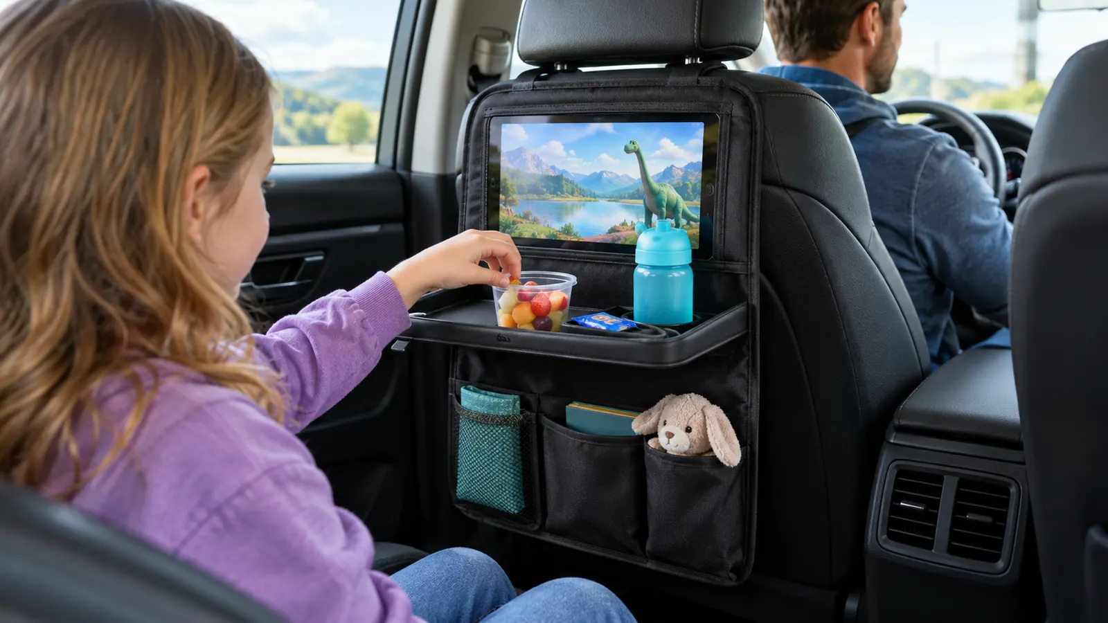 A child reaching for a snack from the fold-down tray of a backseat organizer in a car