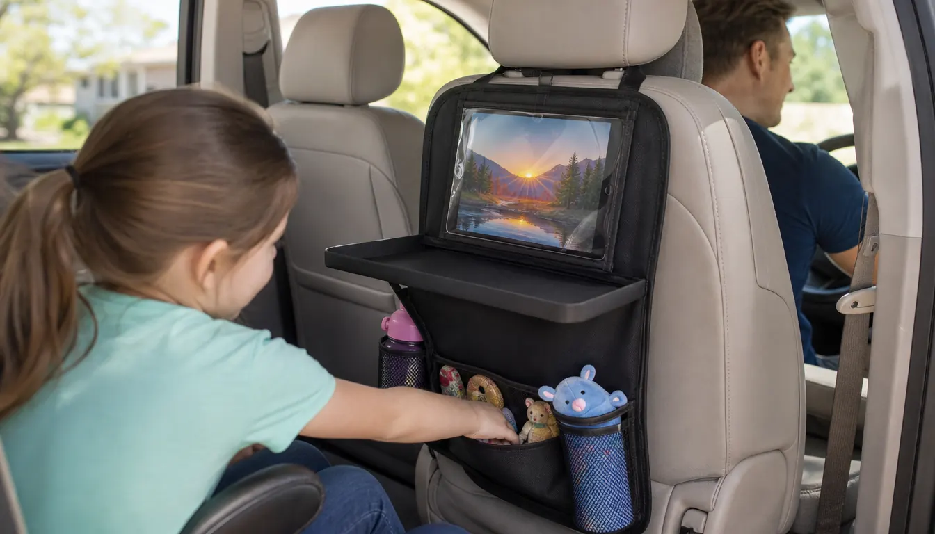 Back of a front car seat with the SURDOCA organizer hanging in place, a child's hand reaching into a lower storage pocket