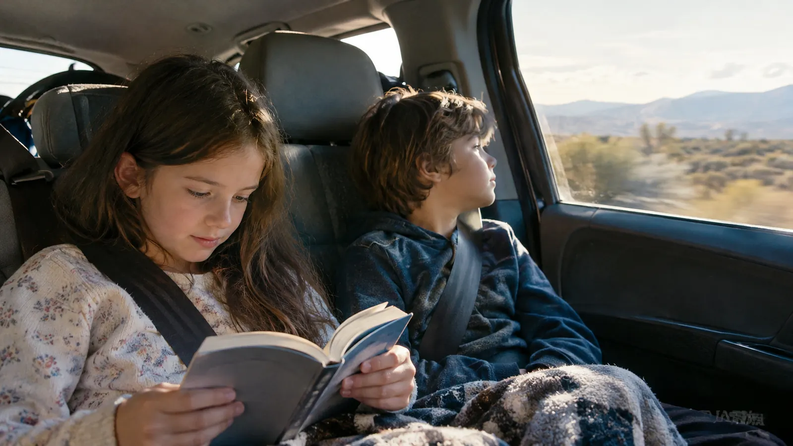 Two kids settled in the backseat of a minivan on a long drive, one reading a small book and one looking out the window, calm late afternoon light