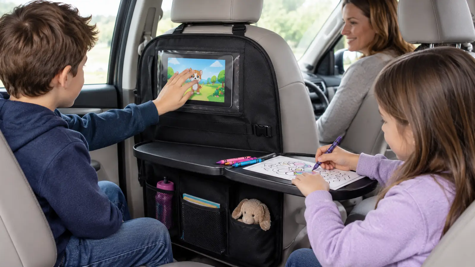 Child reaching toward the clear tablet pocket of a backseat car organizer while another child colors on the fold-down tray
