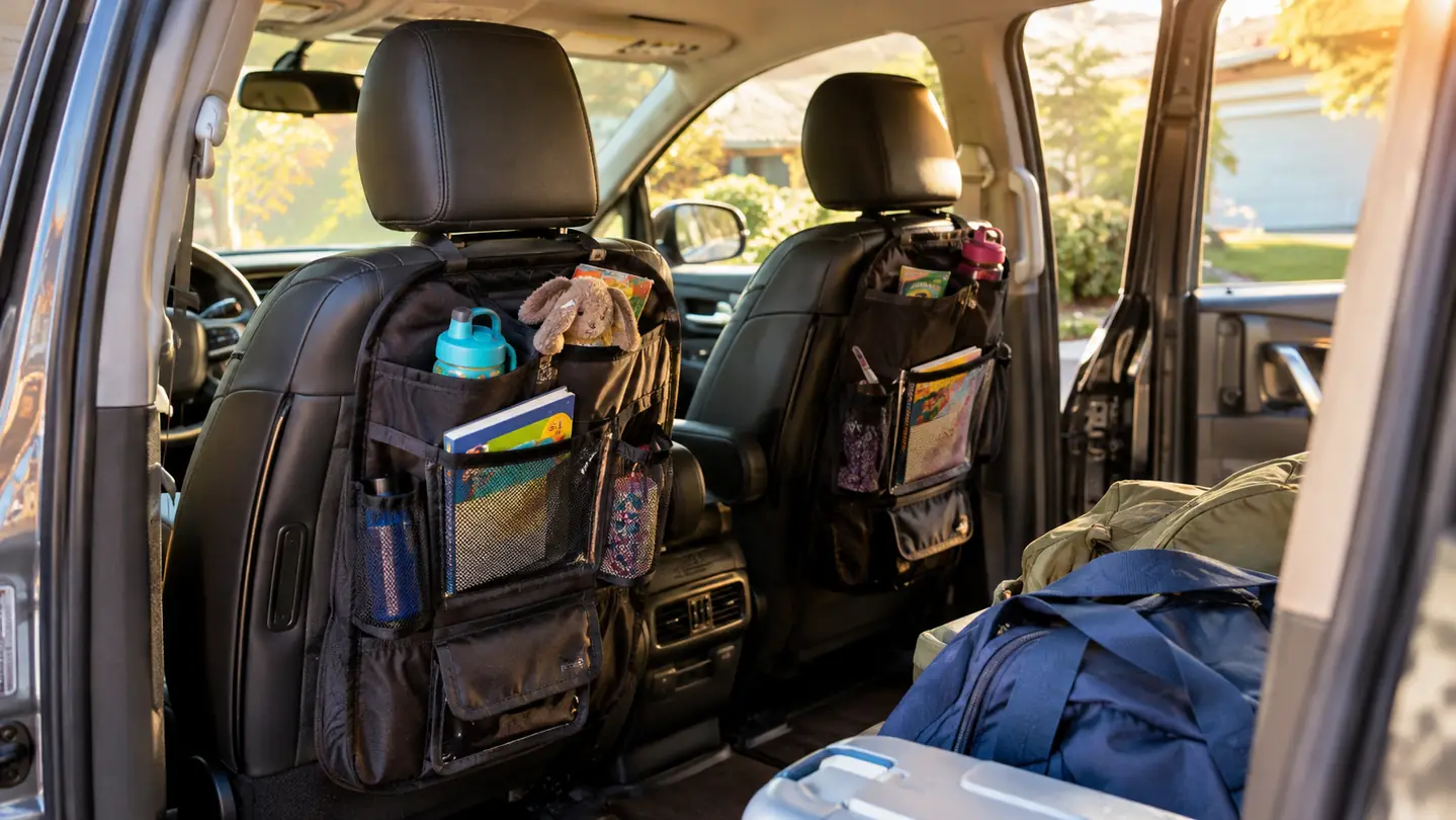 Two backseat organizers hanging behind the front seats of a minivan packed for a family road trip