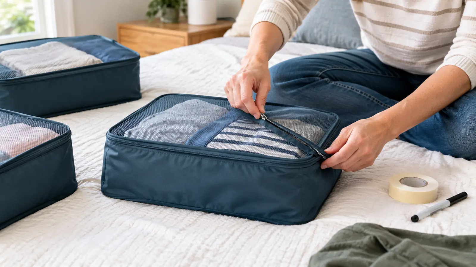 A hand zipping a mesh-topped packing cube closed on a bed, with a small roll of masking tape and a marker nearby