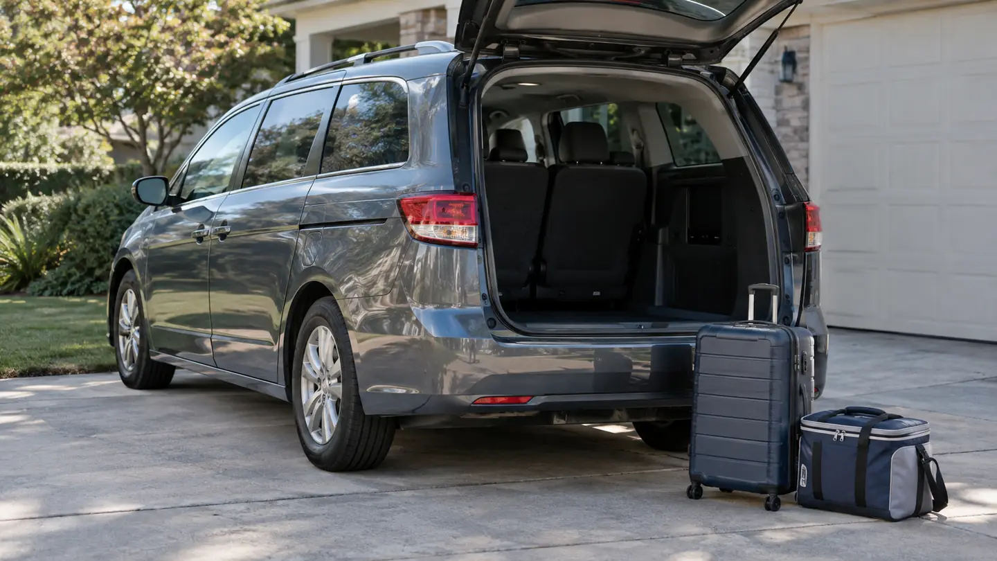 A family minivan parked in a driveway with the back hatch open, a suitcase and a soft cooler bag waiting to be loaded