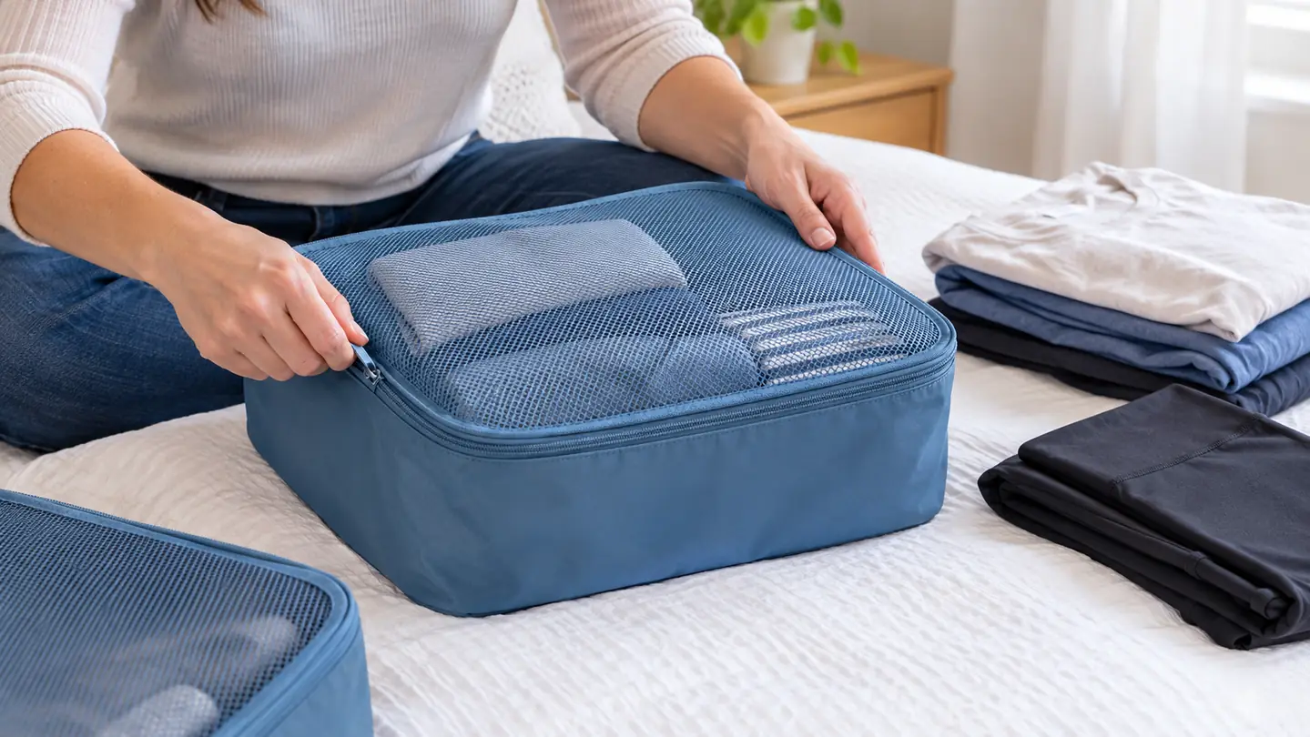 A hand zipping a mesh-topped packing cube closed on a bed beside a folded pile of kids' clothes