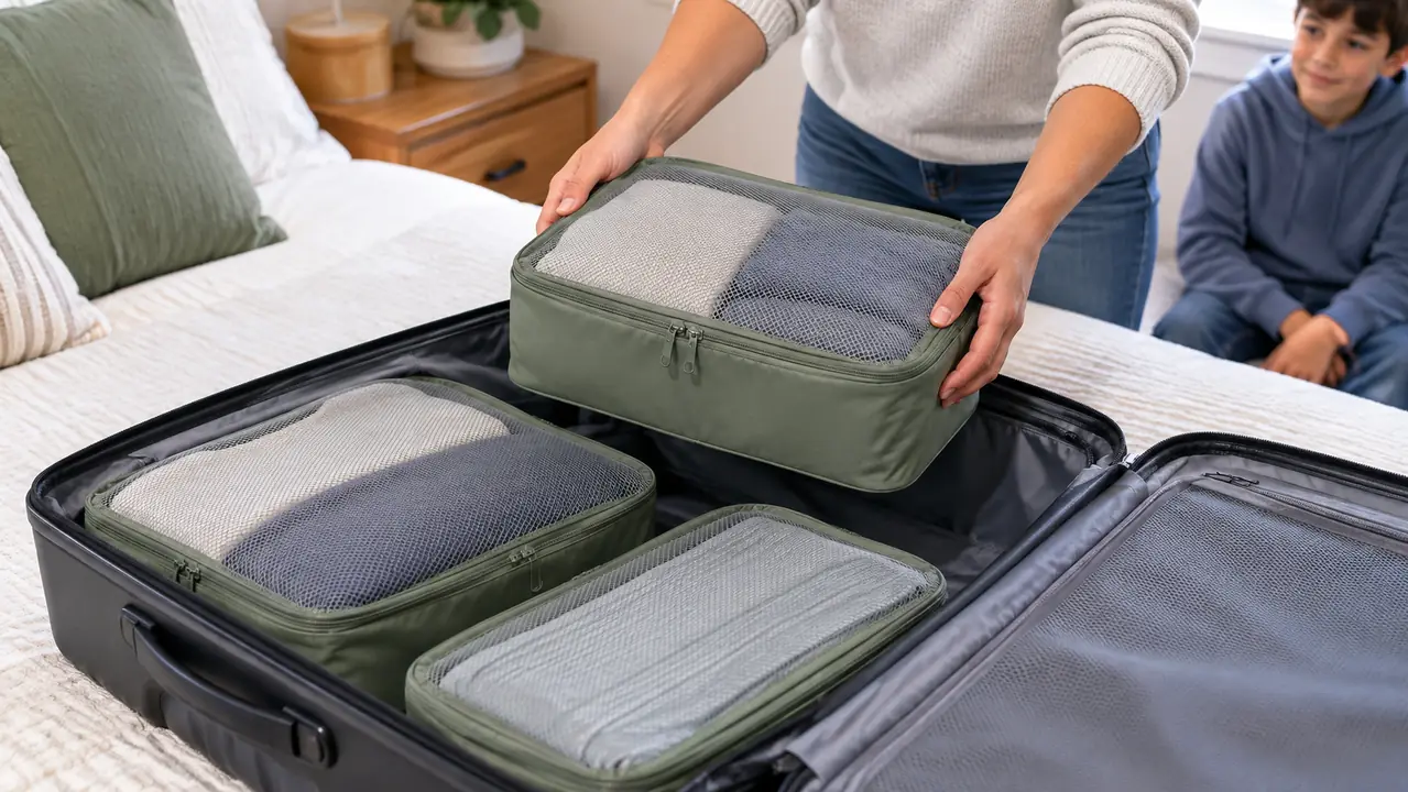 A hand placing a zippered packing cube into an open suitcase