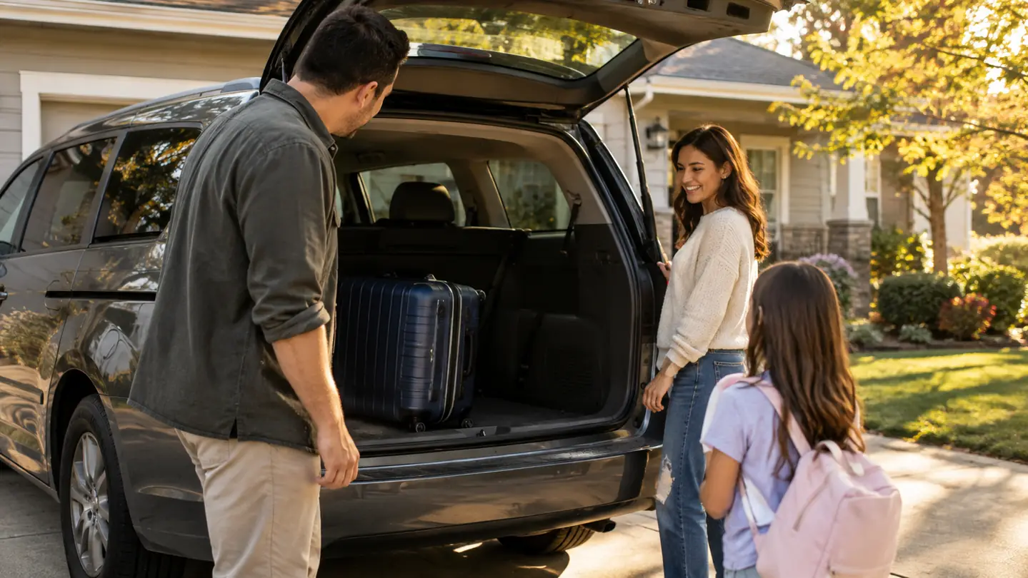 A family minivan parked in front of a house with the trunk open and a suitcase inside