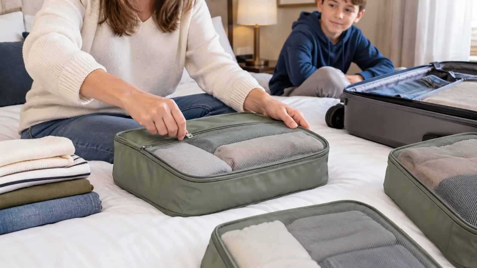 A hand zipping a packing cube closed on top of folded clothes on a bed