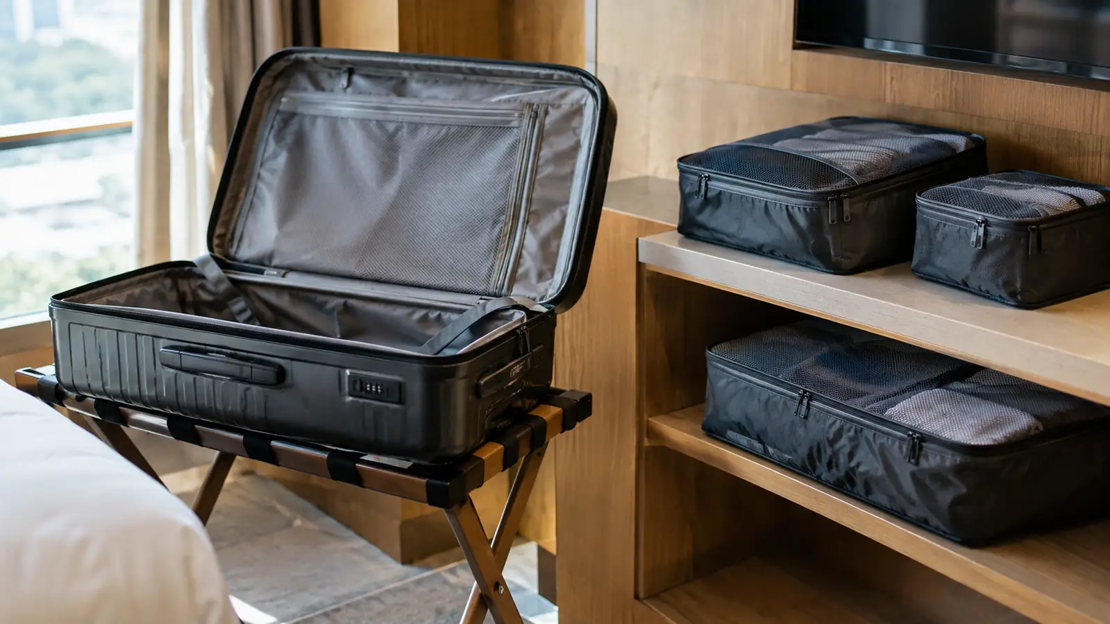 Packing cubes on a hotel shelf next to an open suitcase on a luggage stand